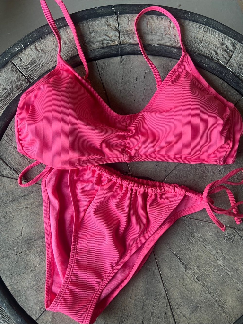 Shade & Shore Vibrant Pink Ribbed Tie-Side Bikini
